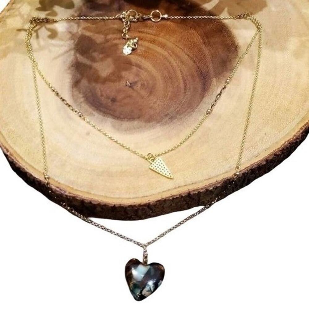Lucky Brand Layered Necklace Gold Silver Two Tone Heart Triangle Charms Boho